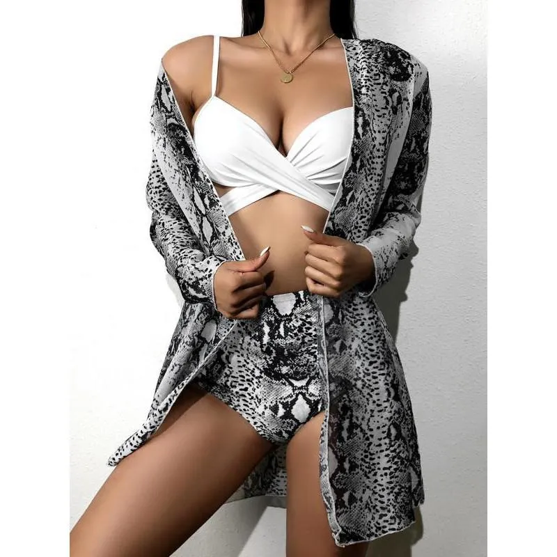 Three Piece Bikini Set Cover Up Swimwear Swimsuit Print Long Sleeve Bathing Suit Beachwear
