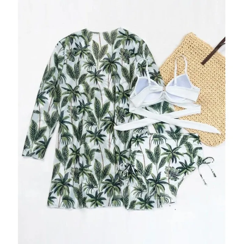 Three Piece Bikini Set Cover Up Swimwear Swimsuit Print Long Sleeve Bathing Suit Beachwear