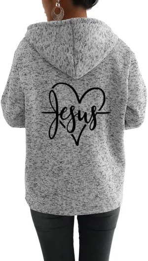 TIAFORD Womens Blessed Jesus Cross Christian Faith Print Hoodie Oversized Long Sleeve Drawstring Zip Up Sweatshirt Jackets