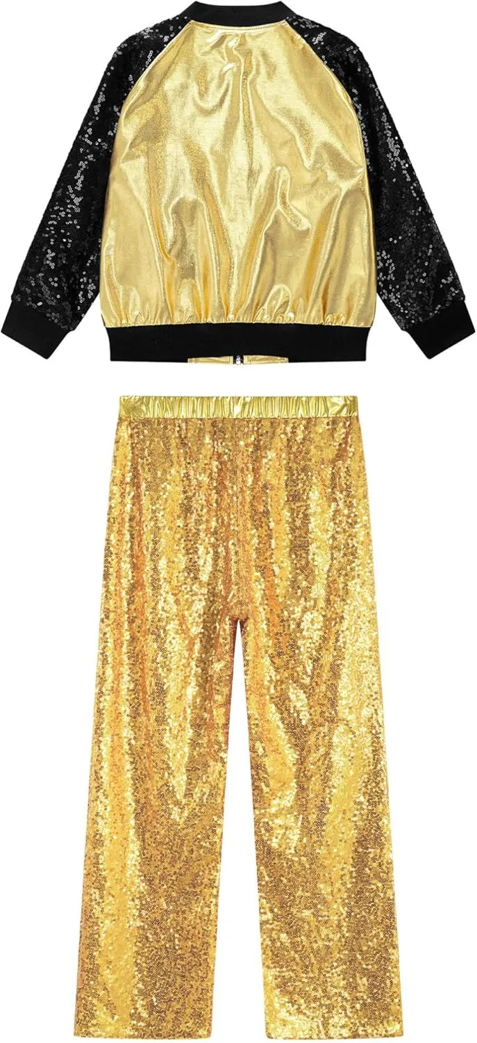 TiaoBug Kids Girls Hip Hop Jazz Modern Dance Costume Metallic Long Sleeve Sequins Bomber Jacket Coat with Pants Set