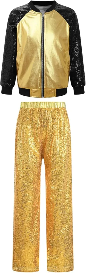 TiaoBug Kids Girls Hip Hop Jazz Modern Dance Costume Metallic Long Sleeve Sequins Bomber Jacket Coat with Pants Set