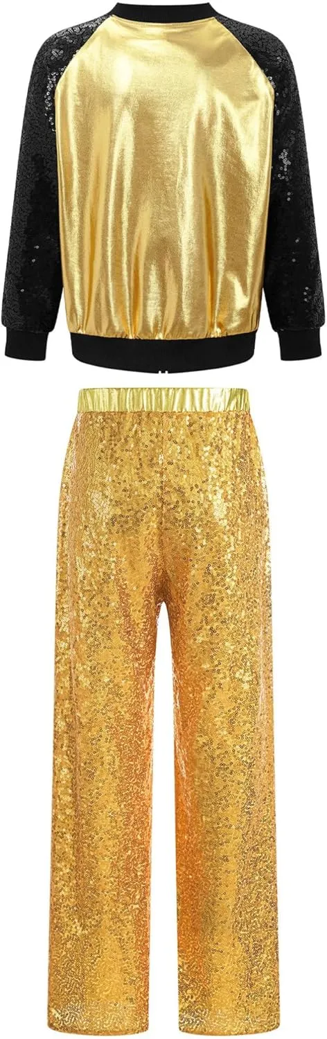 TiaoBug Kids Girls Hip Hop Jazz Modern Dance Costume Metallic Long Sleeve Sequins Bomber Jacket Coat with Pants Set