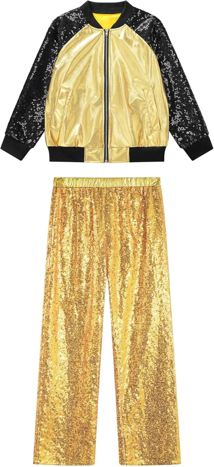 TiaoBug Kids Girls Hip Hop Jazz Modern Dance Costume Metallic Long Sleeve Sequins Bomber Jacket Coat with Pants Set