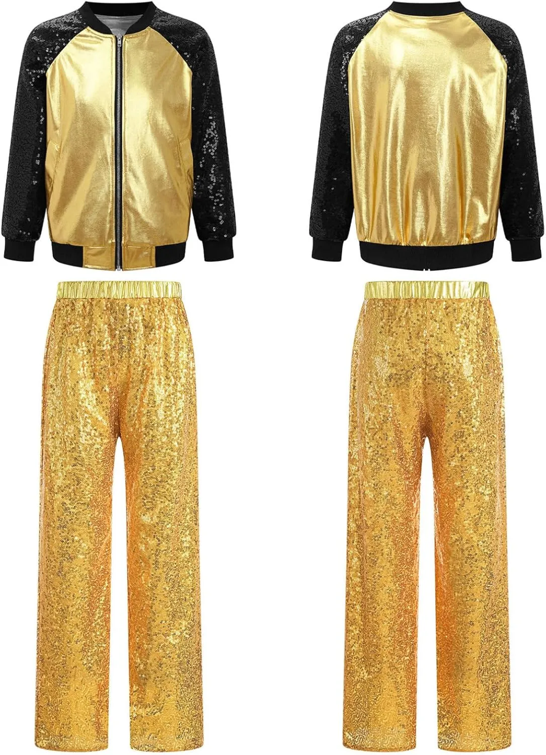 TiaoBug Kids Girls Hip Hop Jazz Modern Dance Costume Metallic Long Sleeve Sequins Bomber Jacket Coat with Pants Set
