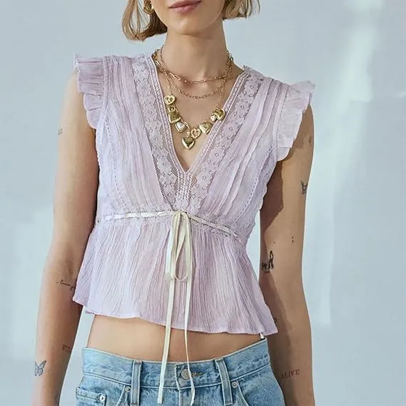 Tie Front Tank Top Women Y2k Floral Babydoll Crop Vest Cami Teen Girl Coquette Sexy Going Out Camisole Blouse Shirt