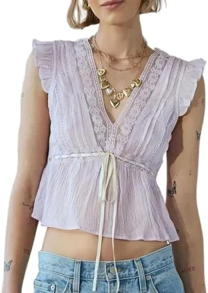Tie Front Tank Top Women Y2k Floral Babydoll Crop Vest Cami Teen Girl Coquette Sexy Going Out Camisole Blouse Shirt