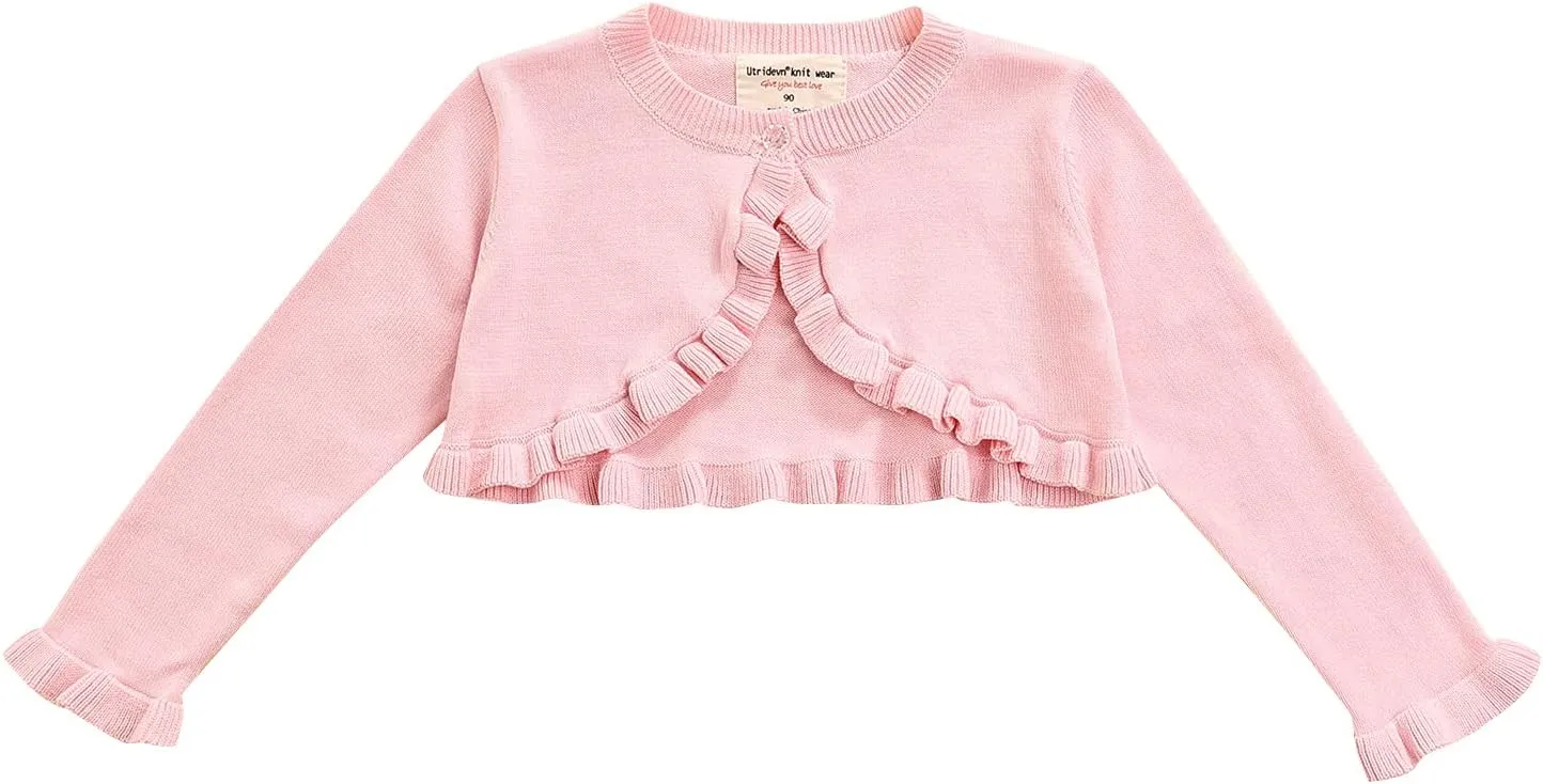 Toddler Baby Girl Sweater Crop Top Knit Cardigan Long Sleeve Ruffled One Button Cute Outwear Kids Fall Shrug Cover Up