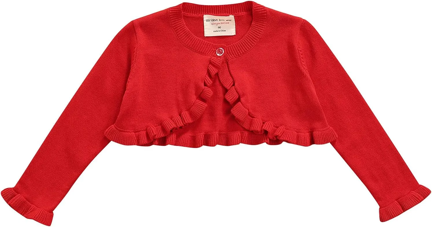 Toddler Baby Girl Sweater Crop Top Knit Cardigan Long Sleeve Ruffled One Button Cute Outwear Kids Fall Shrug Cover Up