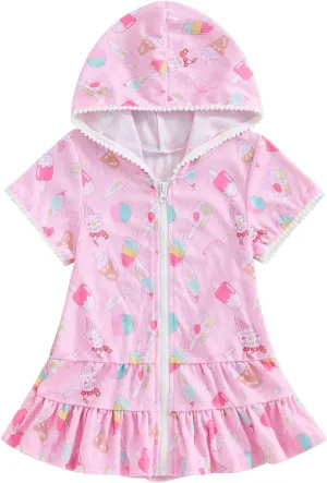 Toddler Kid Baby Girl Swimwear Zip Up Hooded Cover Up Short Sleeve Summer Beach Bathing Suit Robe with Pocket