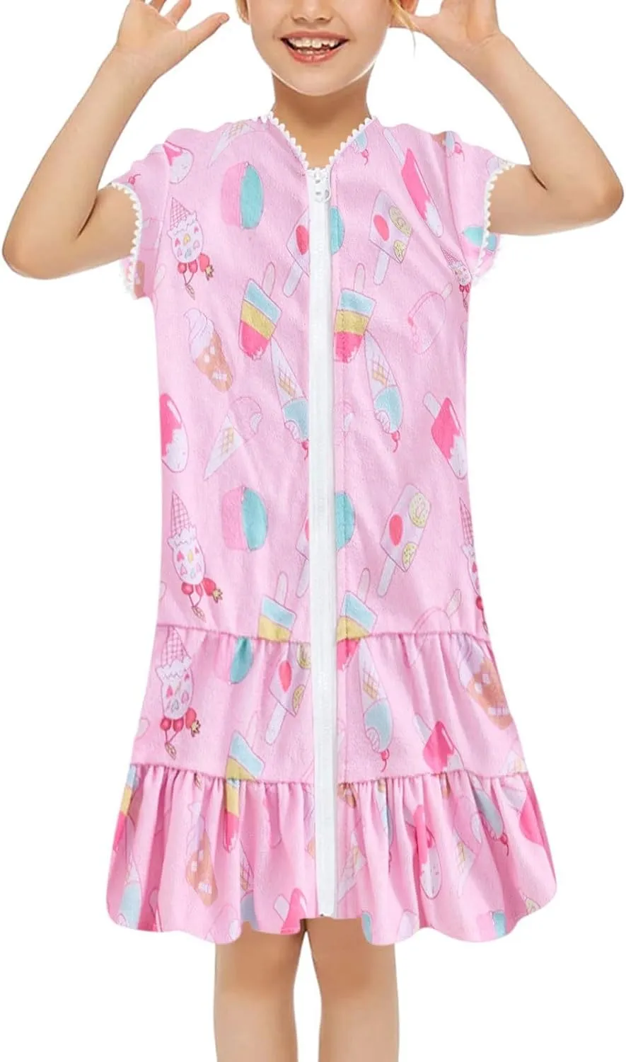 Toddler Kid Baby Girl Swimwear Zip Up Hooded Cover Up Short Sleeve Summer Beach Bathing Suit Robe with Pocket