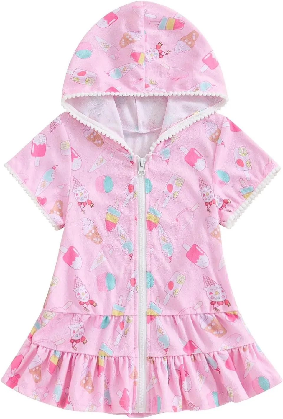 Toddler Kid Baby Girl Swimwear Zip Up Hooded Cover Up Short Sleeve Summer Beach Bathing Suit Robe with Pocket