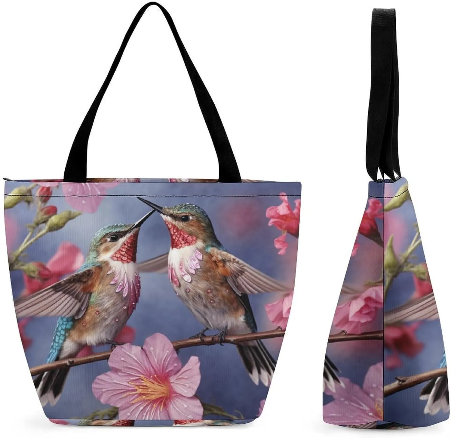 Tote Bags for Women Humming Birds Versatile Shoulder Bag with Zipper Large Capacity Handbag Beach Bag Reusable Grocery Bag for Shopping Travel Commuting