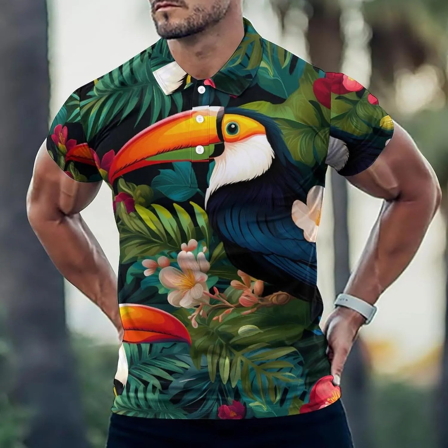 Toucan Print Men's Polo Shirt Casual Golf Polo Shirt Short Sleeve Sports T-Shirt