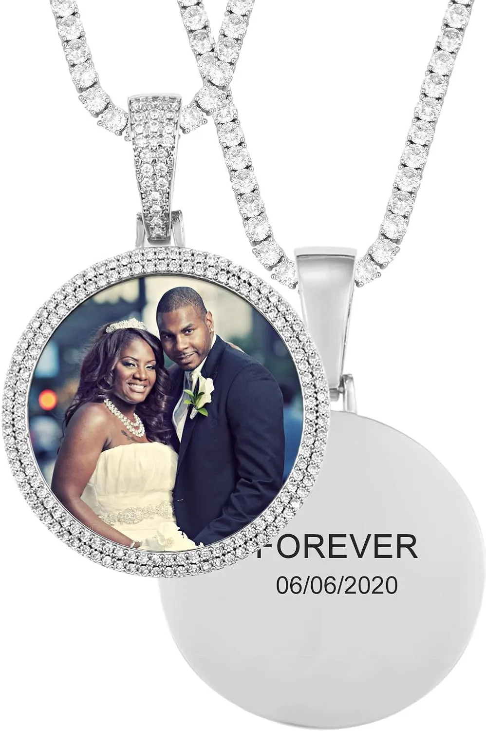 TUHE 18K Iced Out Custom Photo Necklace Personalized with Memory Picture Necklace, Iced Out Round Pendant Necklace with Picture for Men Women Hip Hop Necklace (Optional for Tennis/Robe/Cuban Chain)