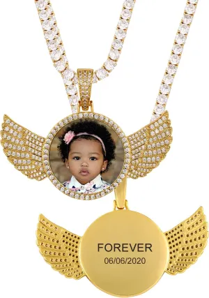 TUHE Custom Picture Necklace Personalized Hip Hop Iced out Angle Wings Pendant Photo Necklace for Men Women Memory Chain Necklace Customized with Text Engraving & Picture Necklaces Tennis/Robe/Cuban