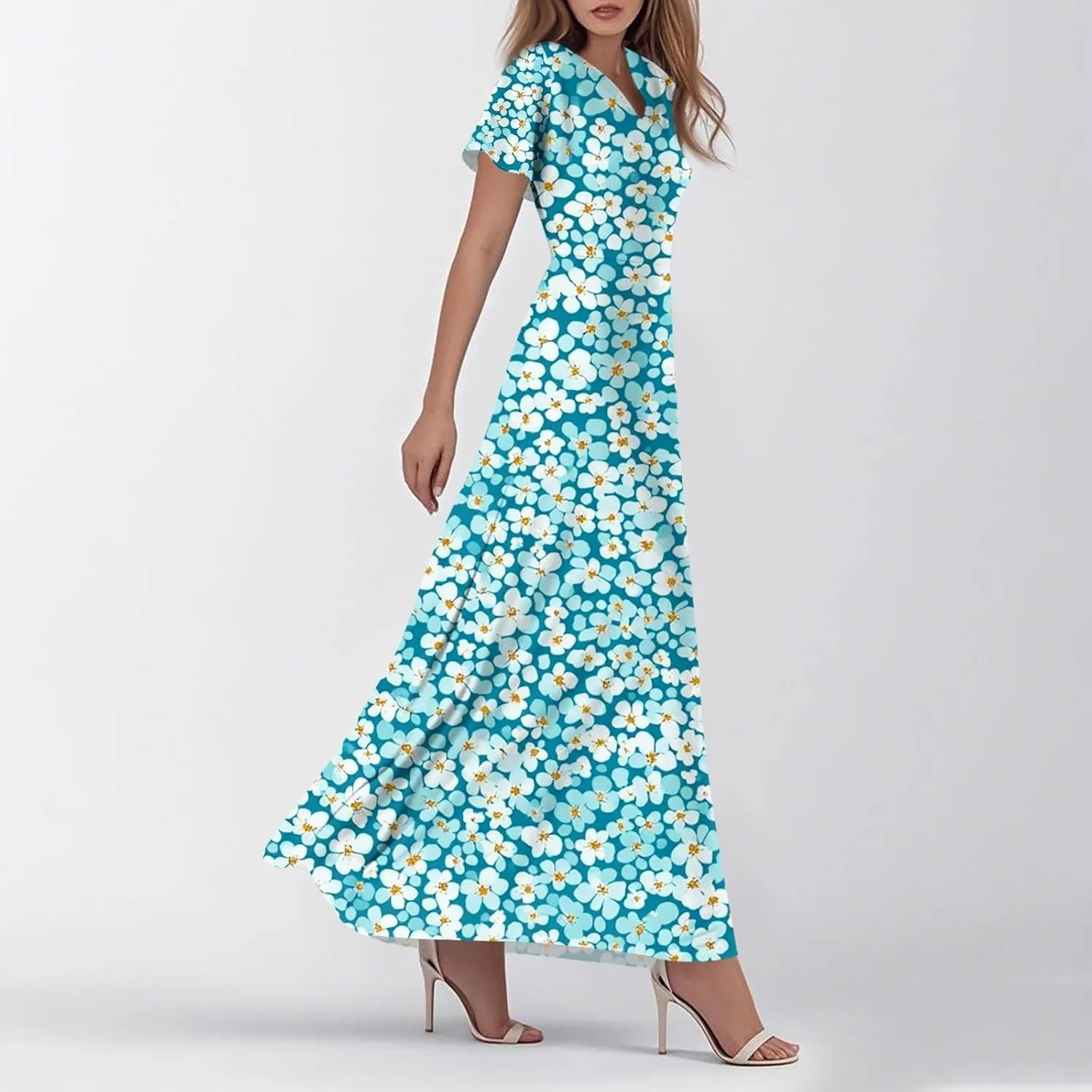 Tunic Stylish Summer Dress Ladies Birthday Short Sleeve Print Relaxed Fit for Women V Neck Comfort Dresses