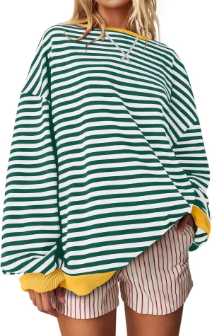 UEU Women Oversized Striped Crewneck Sweatshirt Long Sleeve Color Block Pullover Tops Casual Loose Workout Shirt