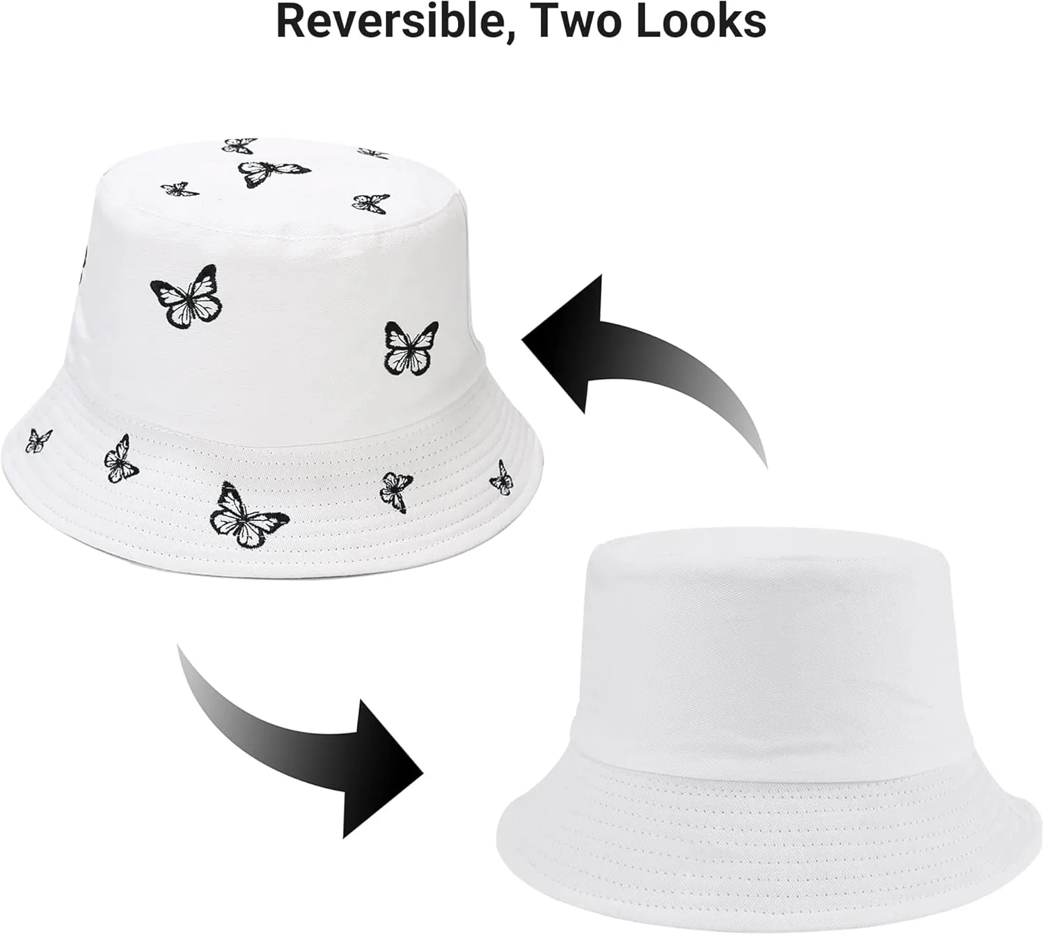 Umeepar Butterfly Embroidered Bucket Hat Reversible Packable Foldable Beach Sun Hat Outdoor Cap for Women Men