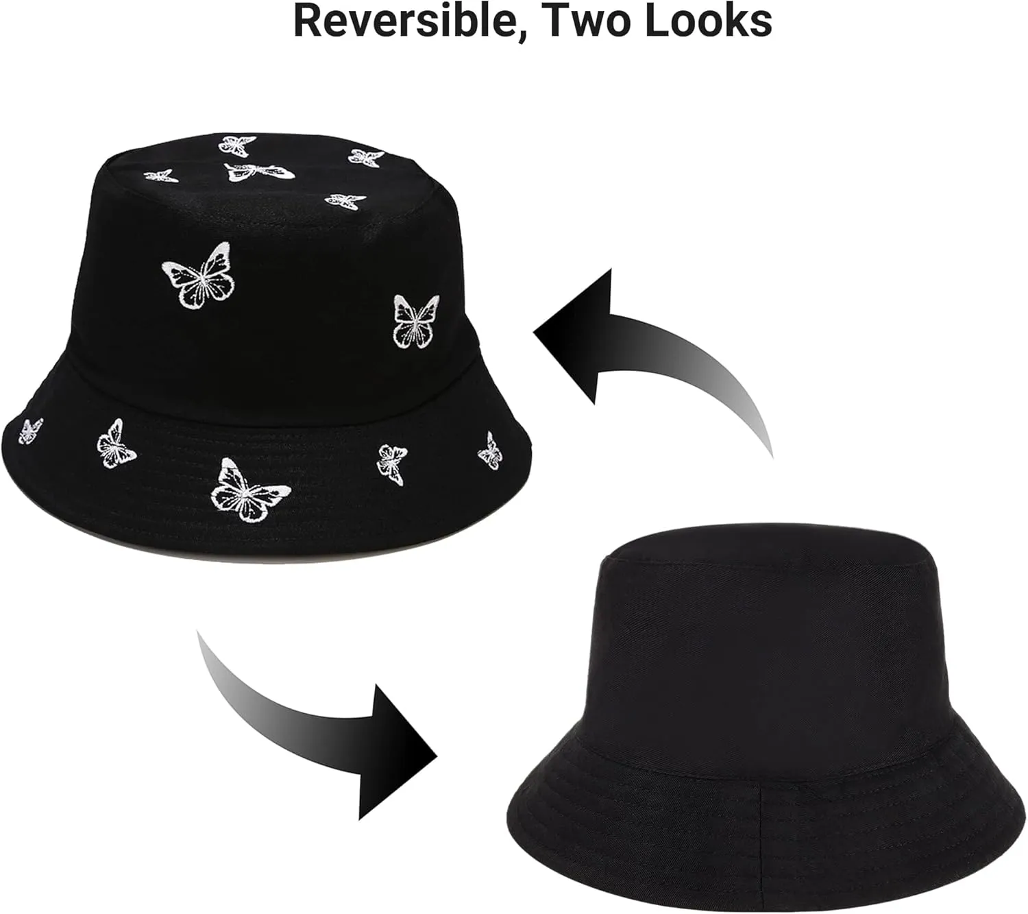 Umeepar Butterfly Embroidered Bucket Hat Reversible Packable Foldable Beach Sun Hat Outdoor Cap for Women Men