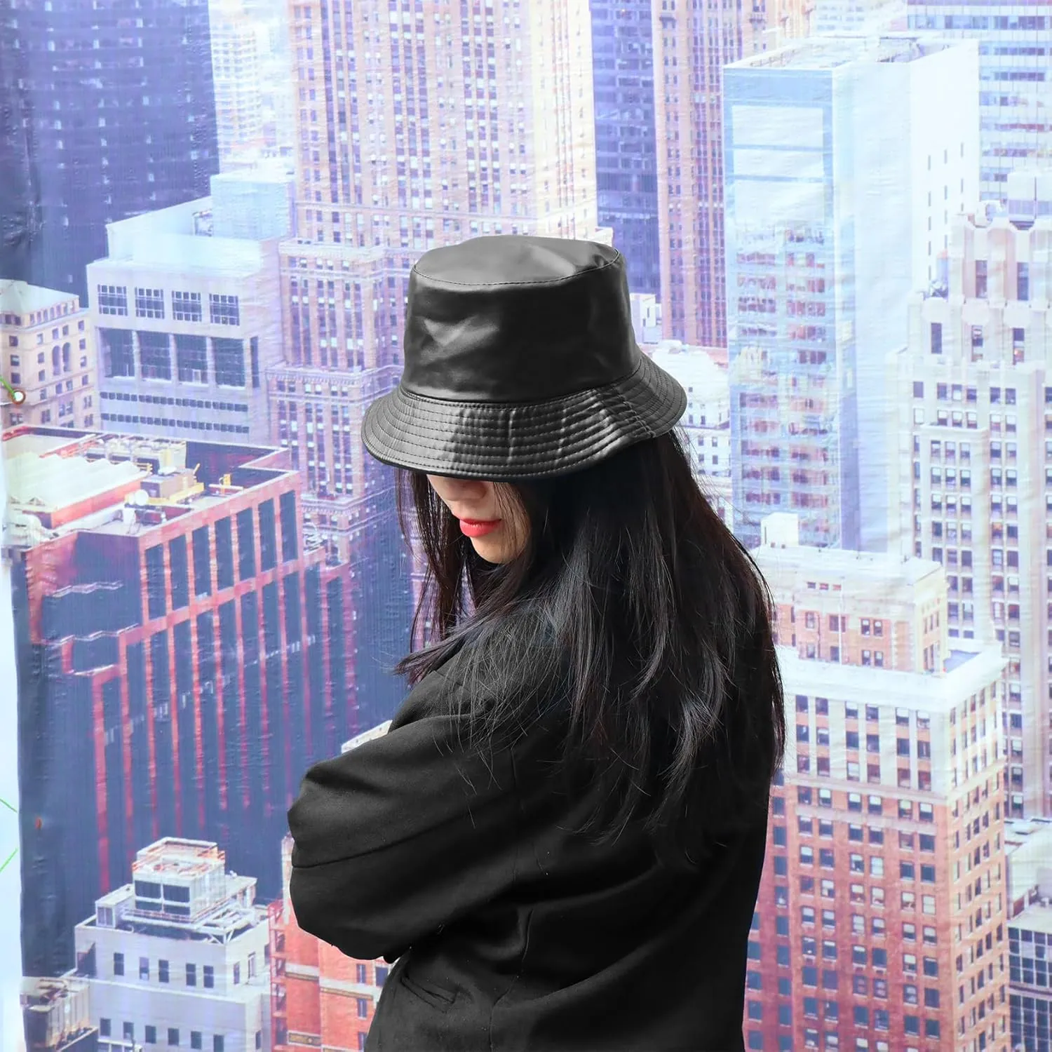 Unisex Black Bucket Hat Waterproof Rain Hat Reversible Shiny Rave Bucket Hat for Concert Festival