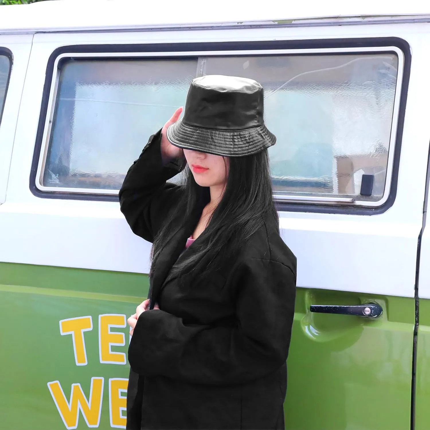 Unisex Black Bucket Hat Waterproof Rain Hat Reversible Shiny Rave Bucket Hat for Concert Festival