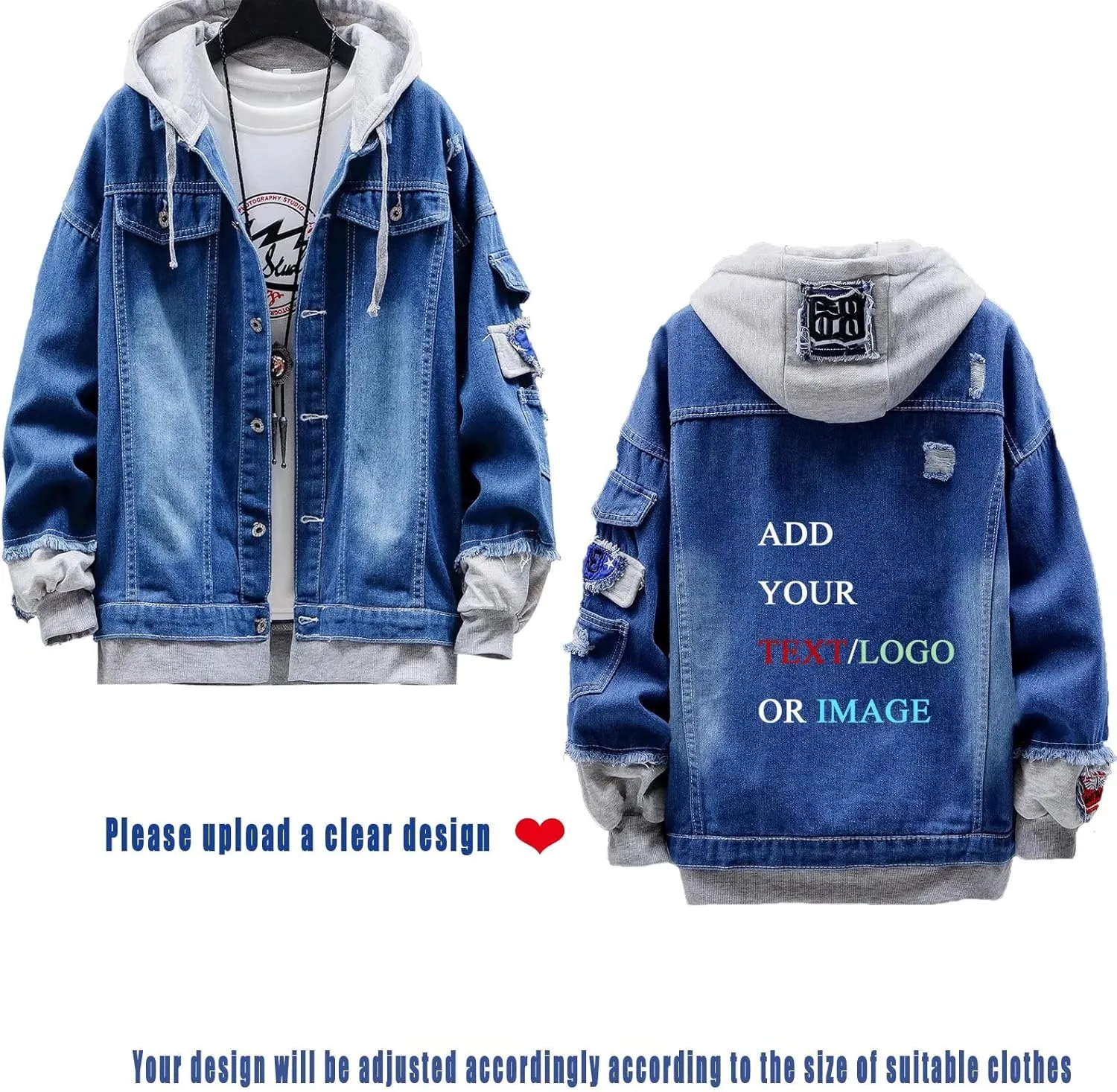 Unisex Personalized Hooded Denim Hoodie Tops Customized Gifts Add Your Own Design Outwear Custom Jeans Jackets Coat