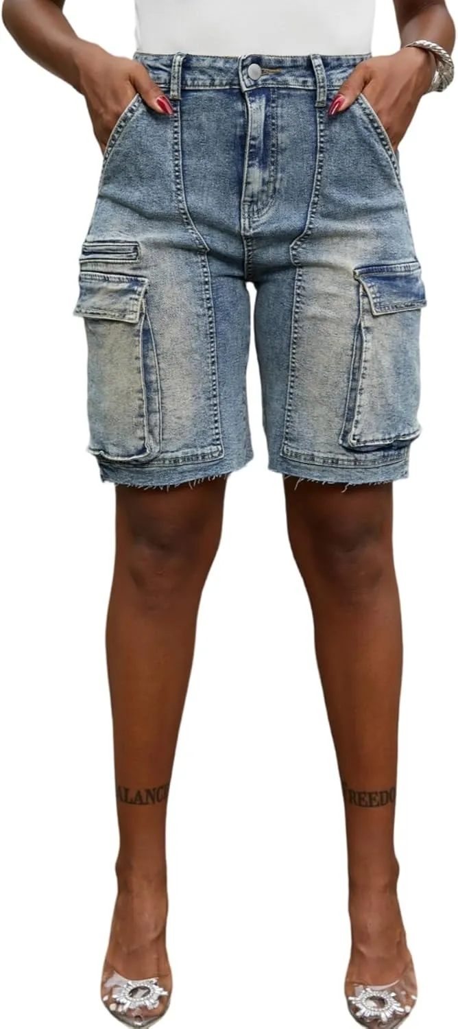 Unybwonn Women Denim Shorts High Waisted Distressed Straight Leg Cargo Shorts Casual Cargo Jean Shorts with Pockets