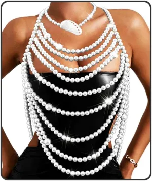 Uranian Pearl Body Chains Top Pearl Bra Chain Layered Shoulder Chain Necklaces Halter Chest Chains Beach Bikini Body Jewelry for Women
