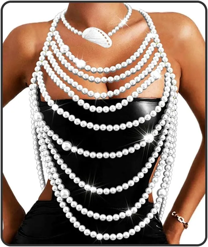 Uranian Pearl Body Chains Top Pearl Bra Chain Layered Shoulder Chain Necklaces Halter Chest Chains Beach Bikini Body Jewelry for Women