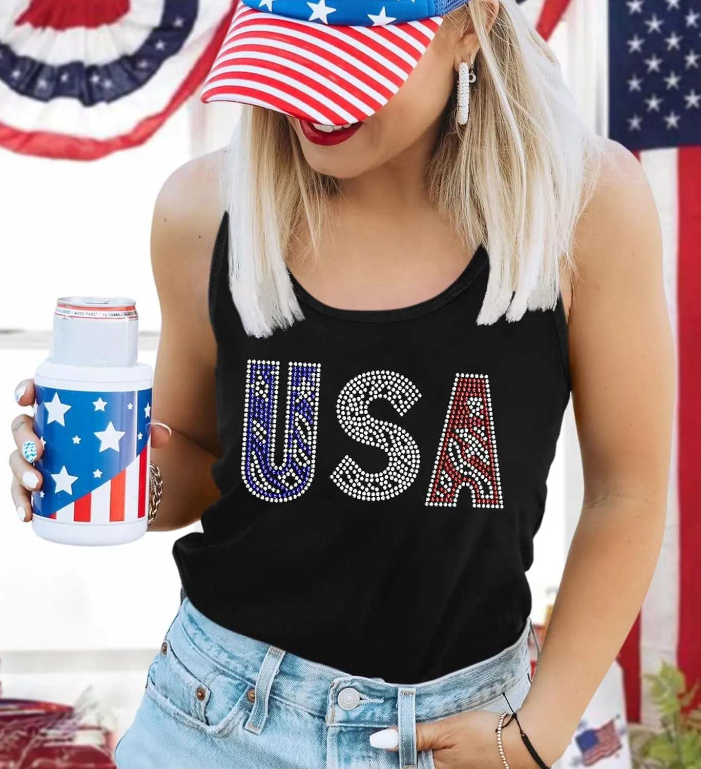 USA Tank Tops Women: Flag Sequin Tank Patriotic Shirts 4th of July Sleeveless T Shirt Summer Casual Bling Tops