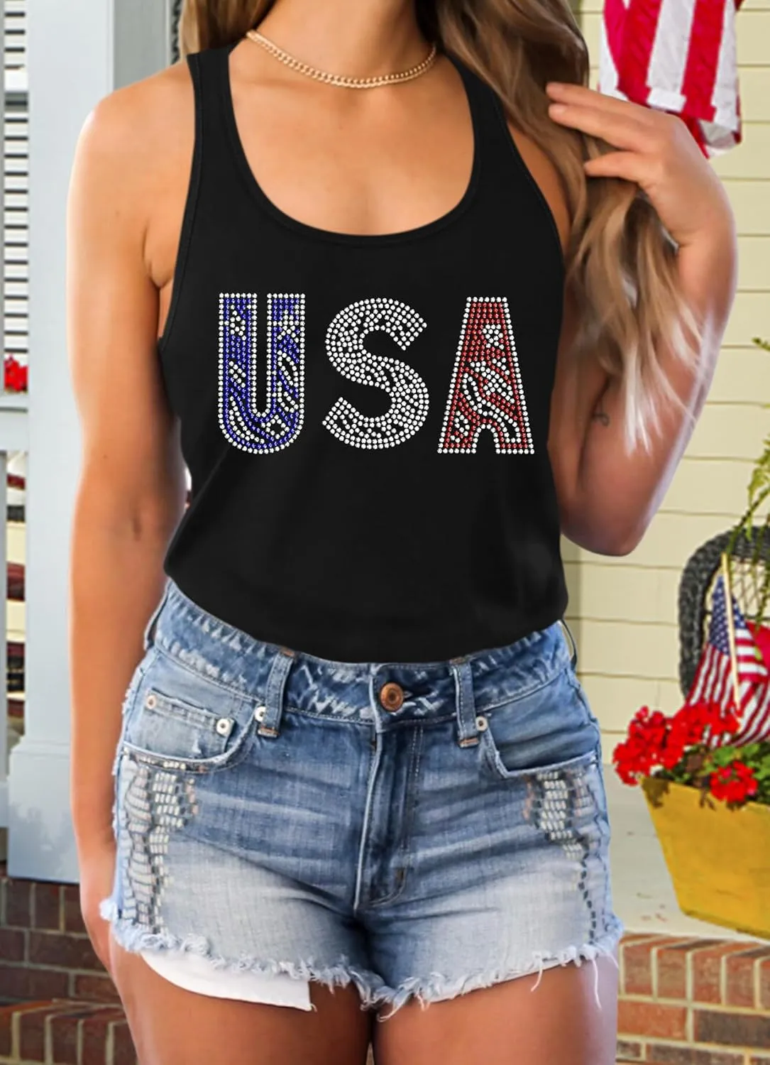USA Tank Tops Women: Flag Sequin Tank Patriotic Shirts 4th of July Sleeveless T Shirt Summer Casual Bling Tops