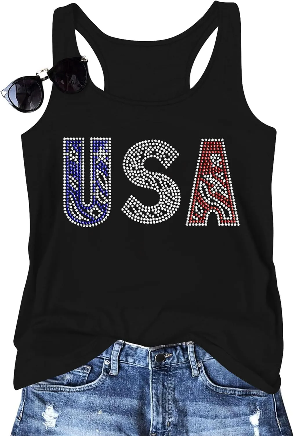 USA Tank Tops Women: Flag Sequin Tank Patriotic Shirts 4th of July Sleeveless T Shirt Summer Casual Bling Tops