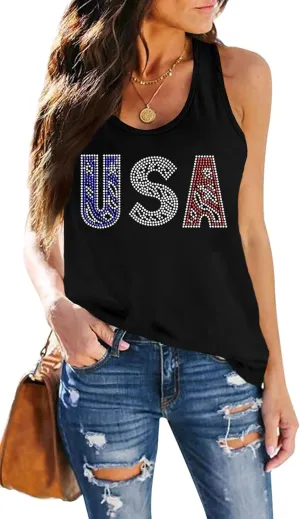 USA Tank Tops Women: Flag Sequin Tank Patriotic Shirts 4th of July Sleeveless T Shirt Summer Casual Bling Tops