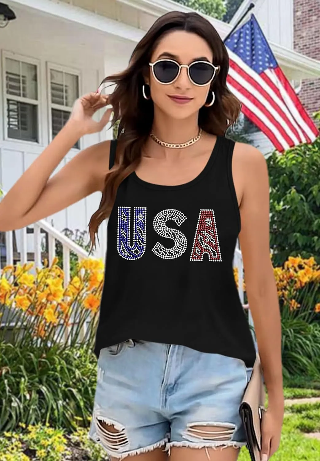 USA Tank Tops Women: Flag Sequin Tank Patriotic Shirts 4th of July Sleeveless T Shirt Summer Casual Bling Tops