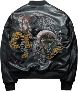 USDBE PU Faux Leather Jacket Men Winter Warm Embroidered Cotton Padded Zipper Coat