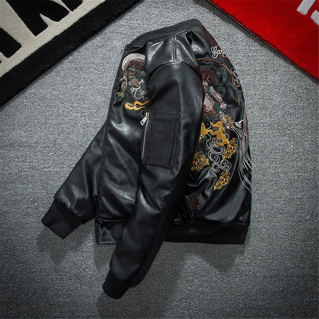 USDBE PU Faux Leather Jacket Men Winter Warm Embroidered Cotton Padded Zipper Coat