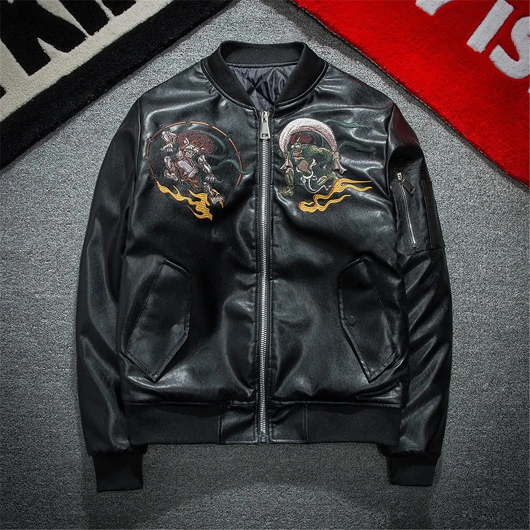 USDBE PU Faux Leather Jacket Men Winter Warm Embroidered Cotton Padded Zipper Coat