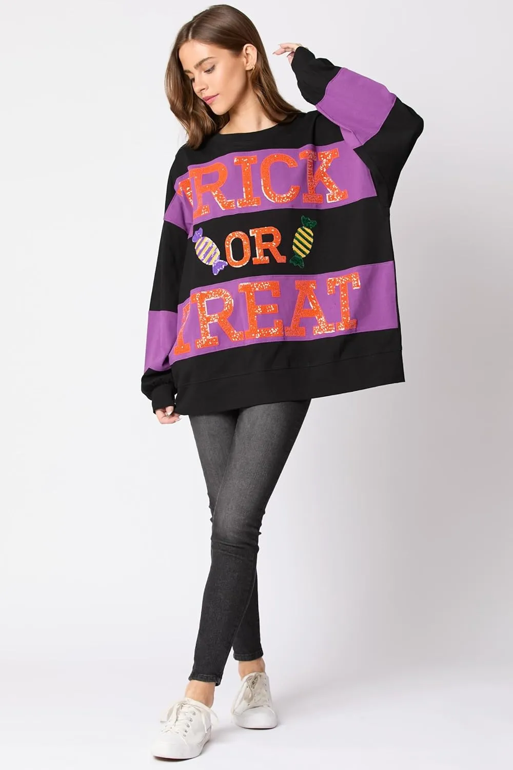 utcoco Oversized Sweatshirt for Women Halloween Letter Sequin Long Sleeve Shirts Color Block Hoodies Tops
