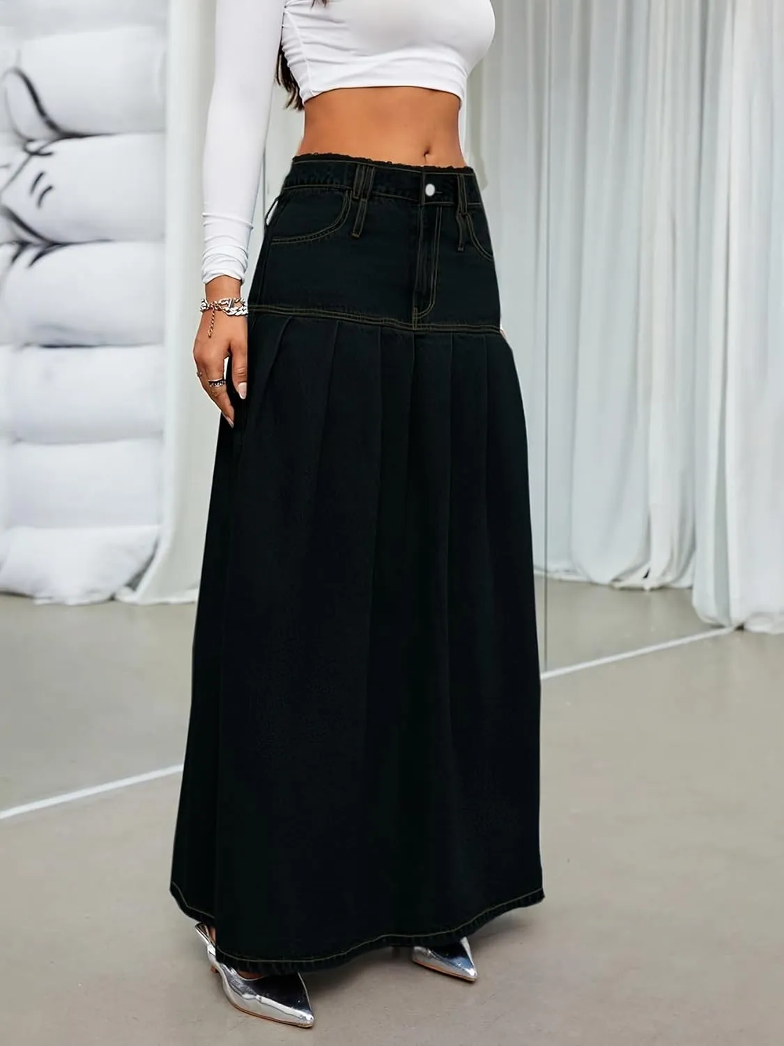 utcoco Womens Retro Midi Denim Skirt High Waist A-line Pleated Long Jean Skirts