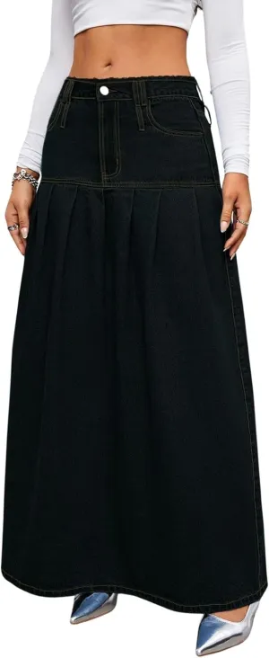 utcoco Womens Retro Midi Denim Skirt High Waist A-line Pleated Long Jean Skirts