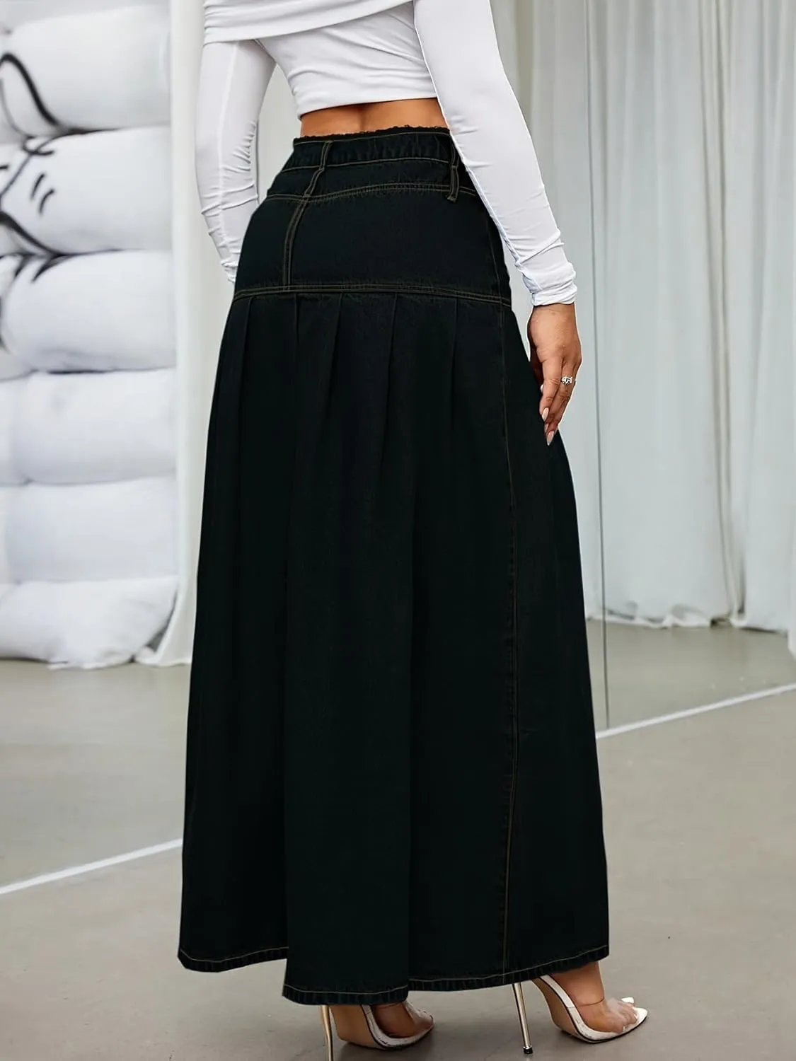 utcoco Womens Retro Midi Denim Skirt High Waist A-line Pleated Long Jean Skirts