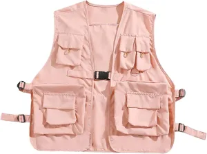 Utility Vest Waistcoat Fishing Vest Lightweight Cargo Vest Outerwear for Men Women Adults Outdoor Sports Hiking Photography, Pink, 3XL