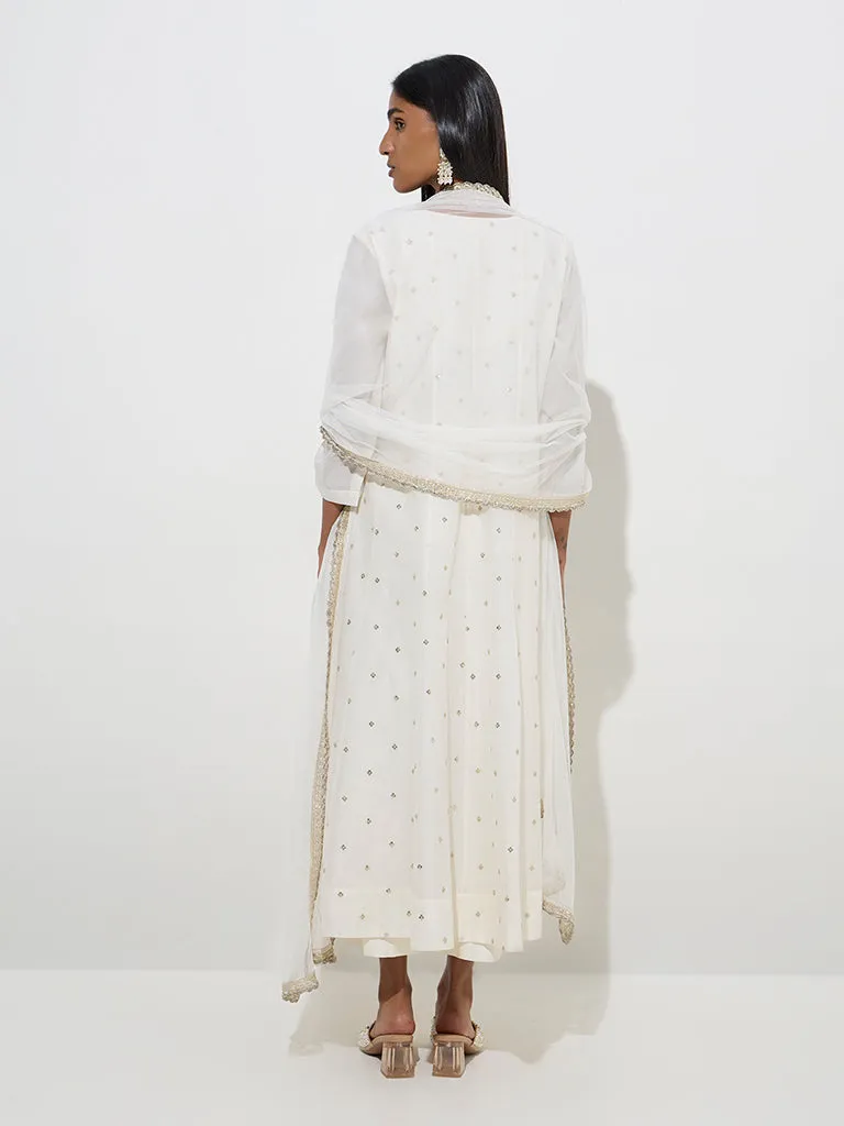 Vark Off-White Cotton-Blend Kurta, Palazzos and Dupatta Set