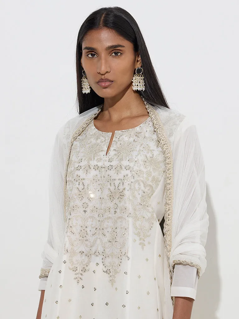Vark Off-White Cotton-Blend Kurta, Palazzos and Dupatta Set