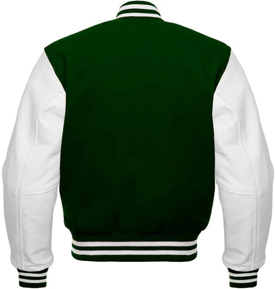 Varsity Jacket Letterman Baseball Jacket Wool body and Cowhide Leather Sleeves 22 Color Options