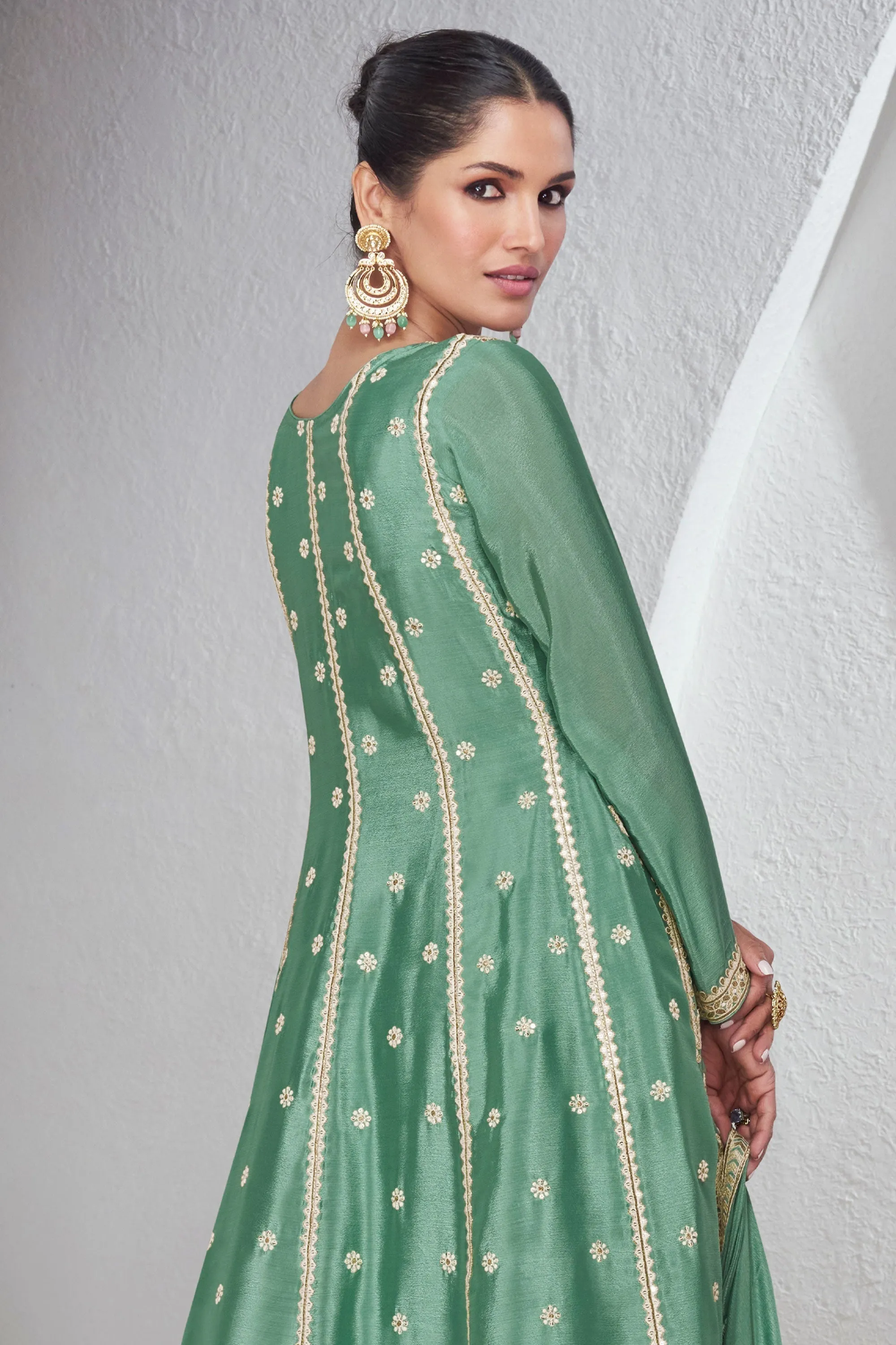 Vartika Singh Phenomenal Green Color Chinon Fabric Readymade Palazzo Suit