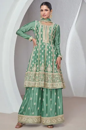 Vartika Singh Phenomenal Green Color Chinon Fabric Readymade Palazzo Suit