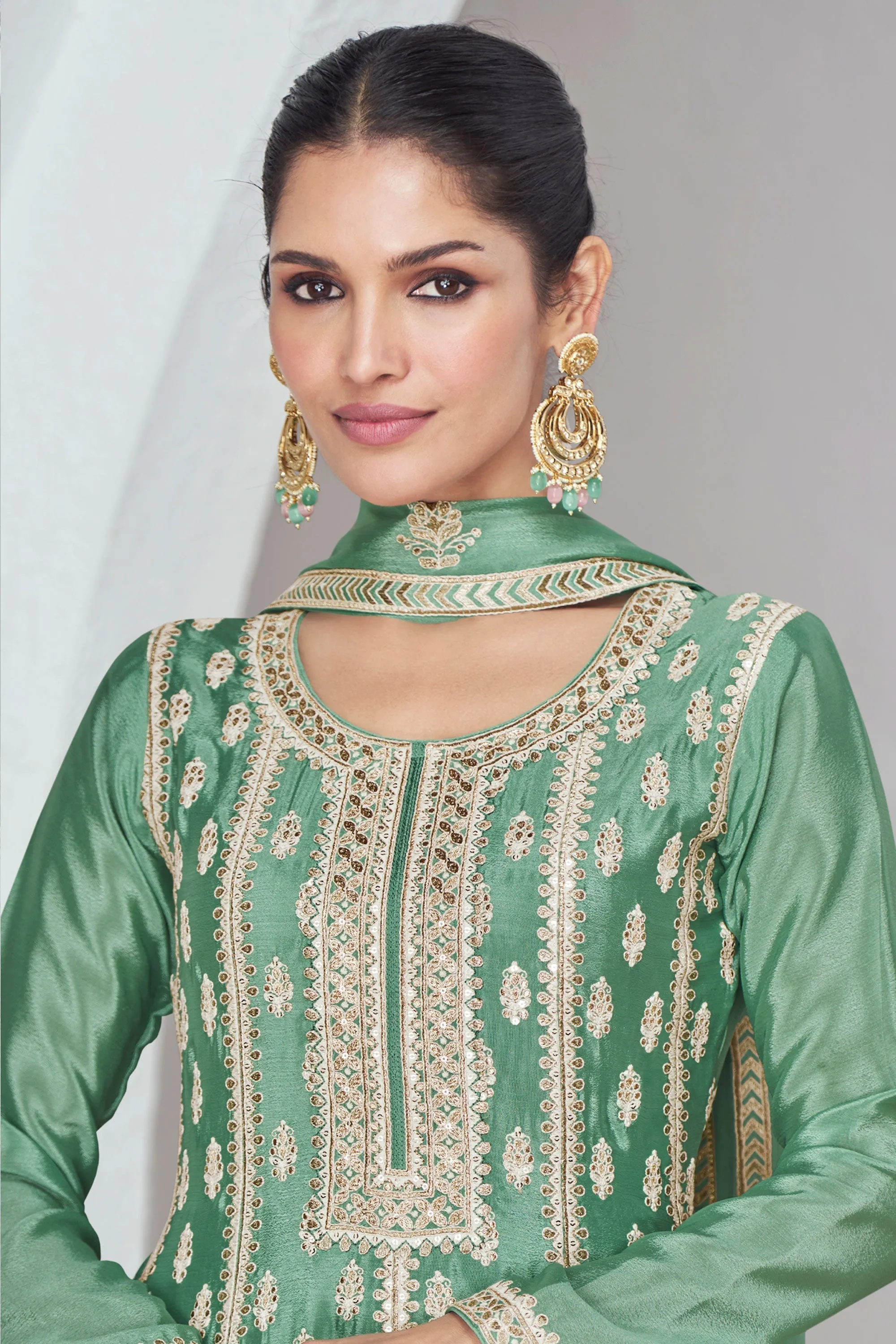 Vartika Singh Phenomenal Green Color Chinon Fabric Readymade Palazzo Suit