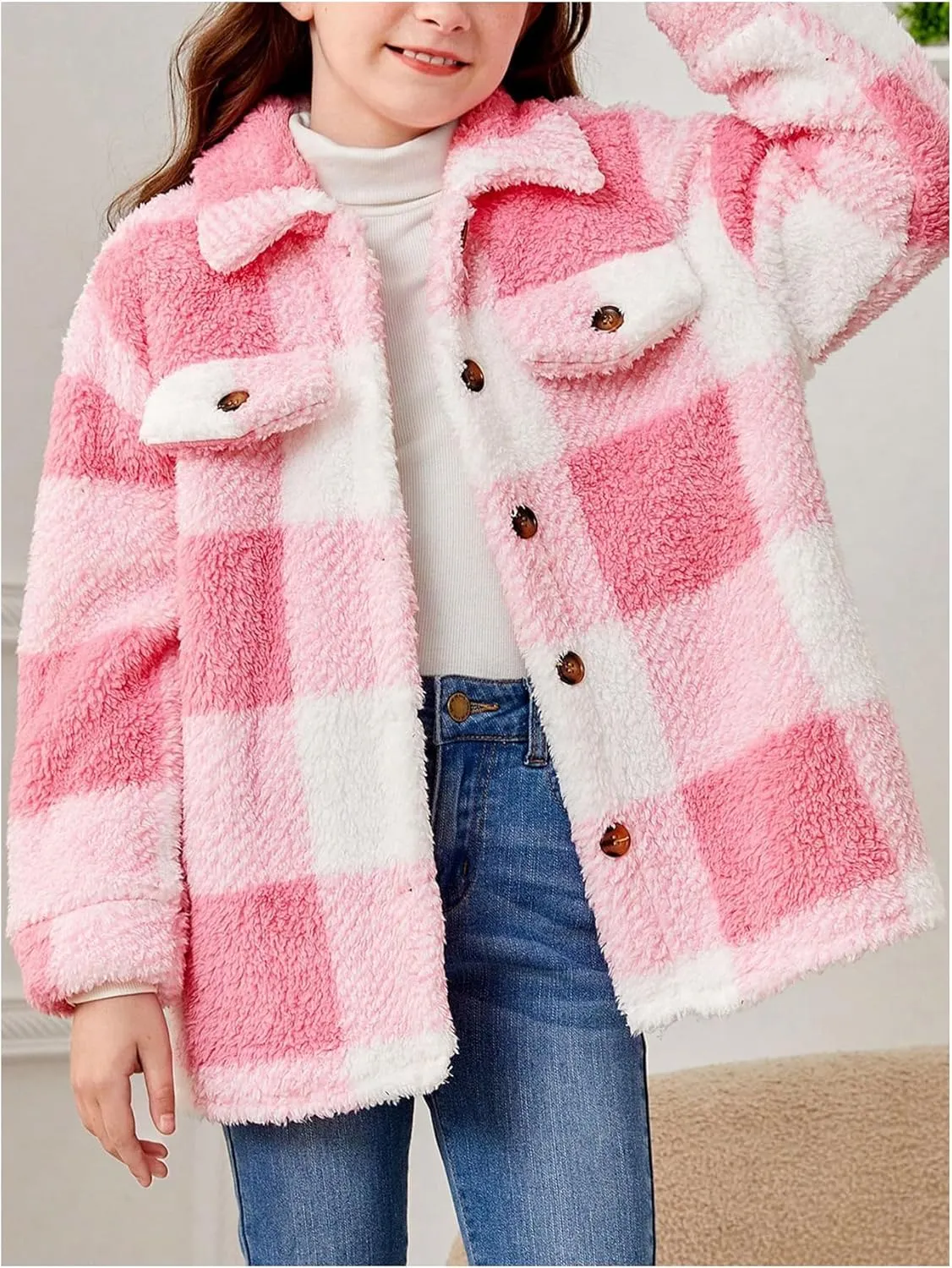 Verdusa Girl's Buffalo Plaid Turn Down Collar Drop Shoulder Button Up Cute Fleece Jacket Long Sleeve Teddy Coat Outerwear