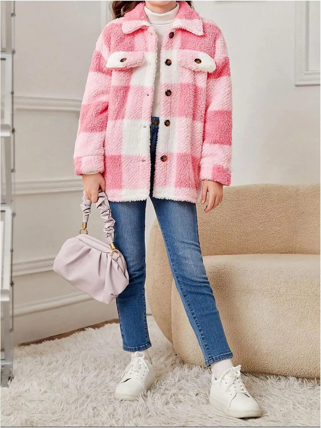 Verdusa Girl's Buffalo Plaid Turn Down Collar Drop Shoulder Button Up Cute Fleece Jacket Long Sleeve Teddy Coat Outerwear